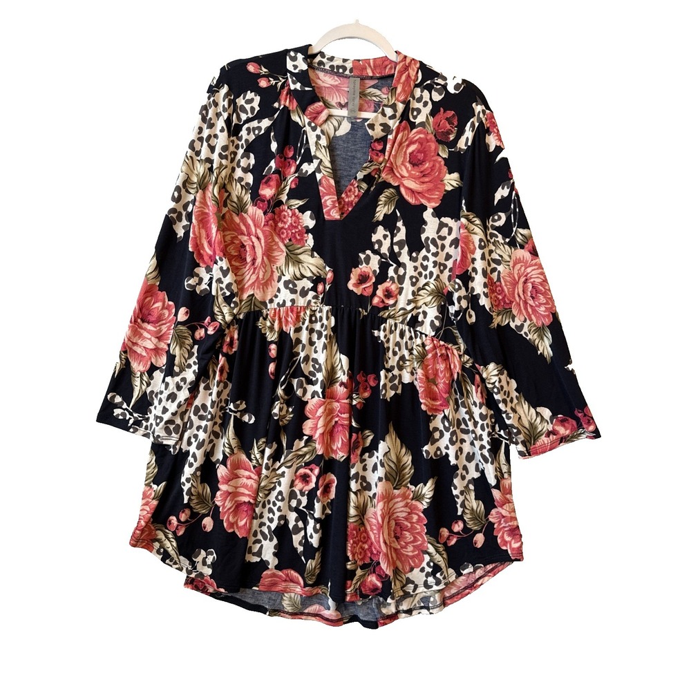 Honeyme Curvy Floral Leopard Empire Waist Stretch Pullover Tunic Top XXXL Boho